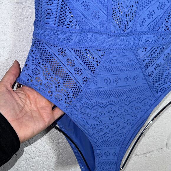 Becca Women's Crochet Plunging One-Piece Keyhole Swimsuit - Cornflower XS $128 - Picture 4 of 14